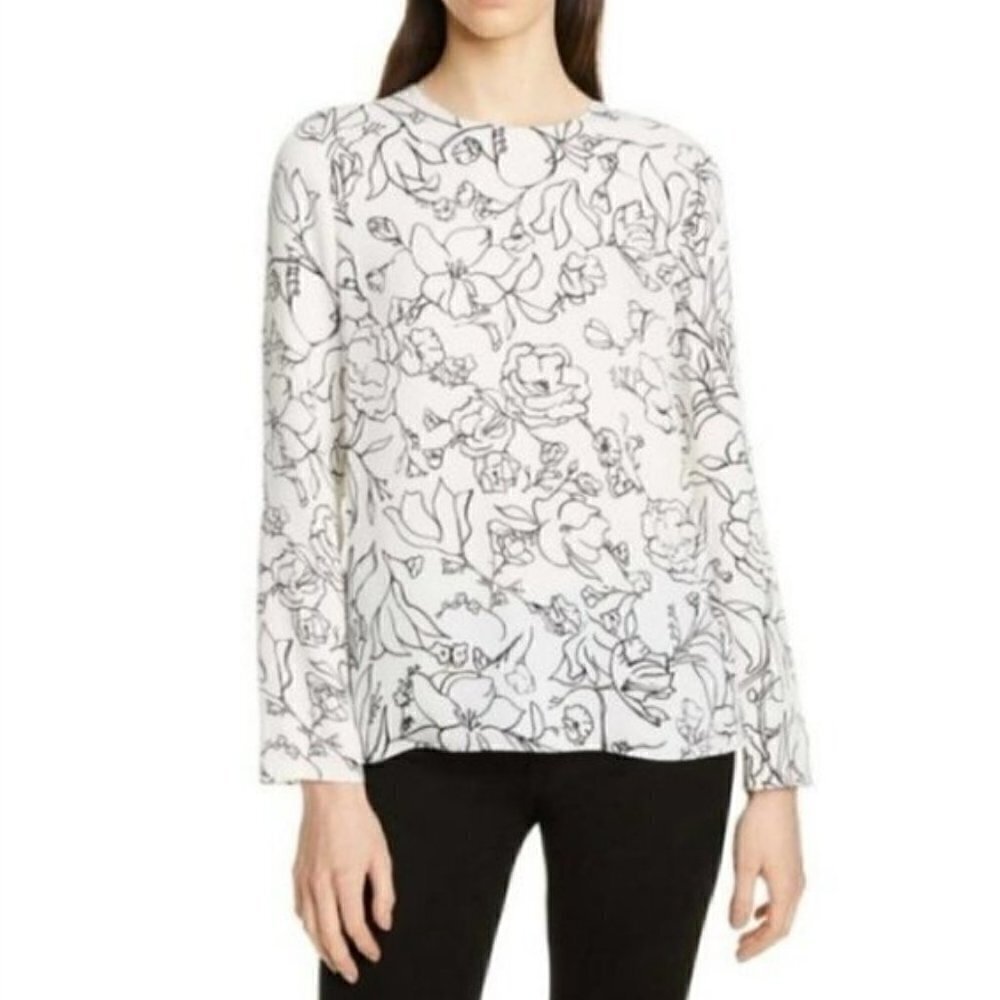 Theory Crewneck LS Stencil Floral Silk Top Blouse White Black S preppy minimal